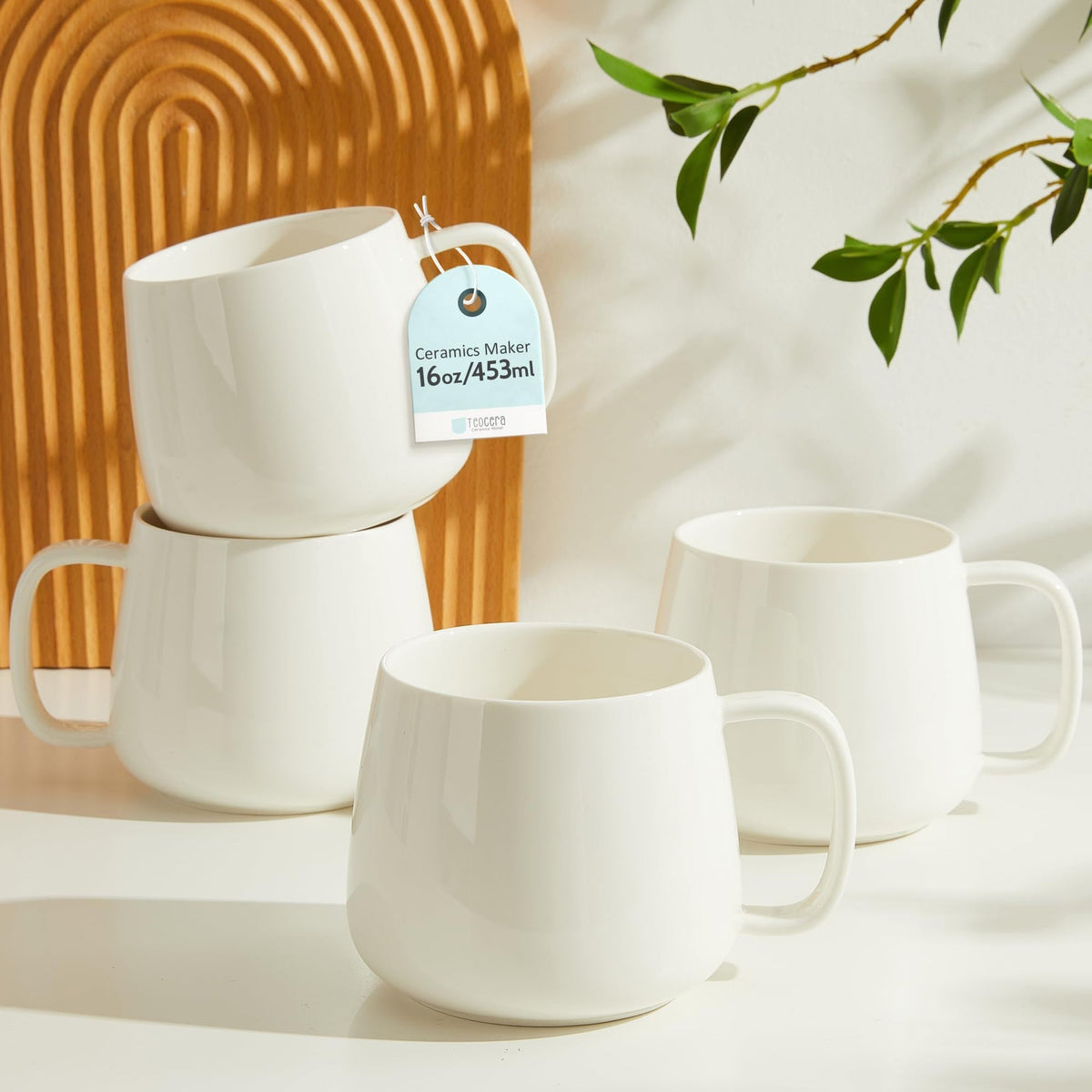 Powoo 16oz Stackable Ceramic Coffee Mugs – Set of 4, White
