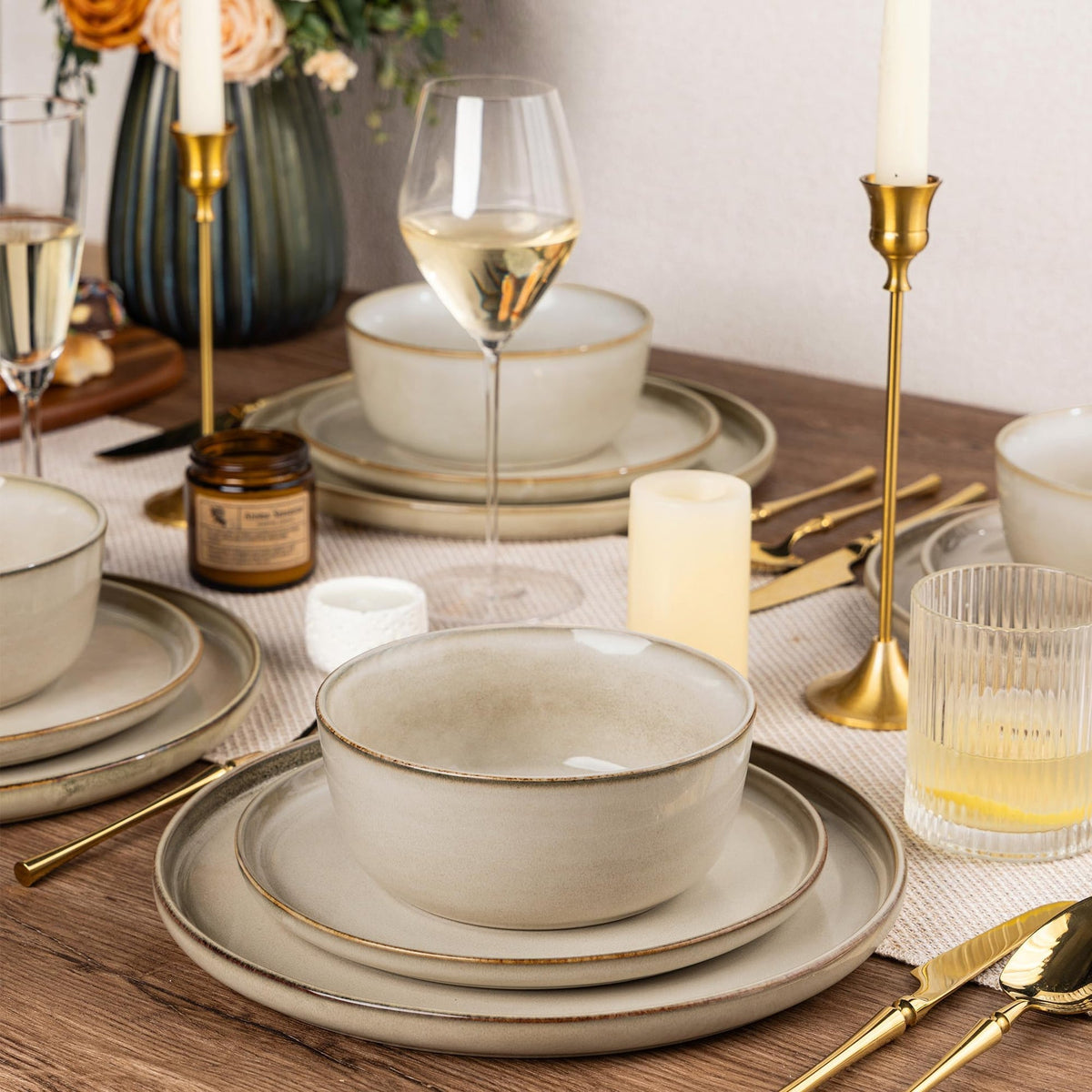 Powoo Stoneware Dinnerware Set – Reactive Glaze, Service for 8