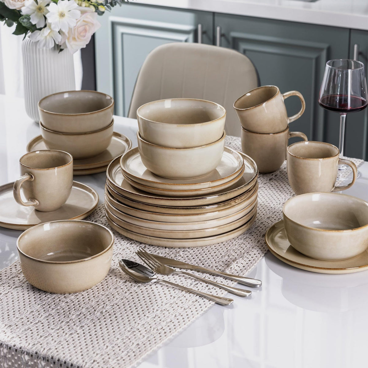 Powoo Stoneware Dinnerware Set – Reactive Glaze, Service for 8