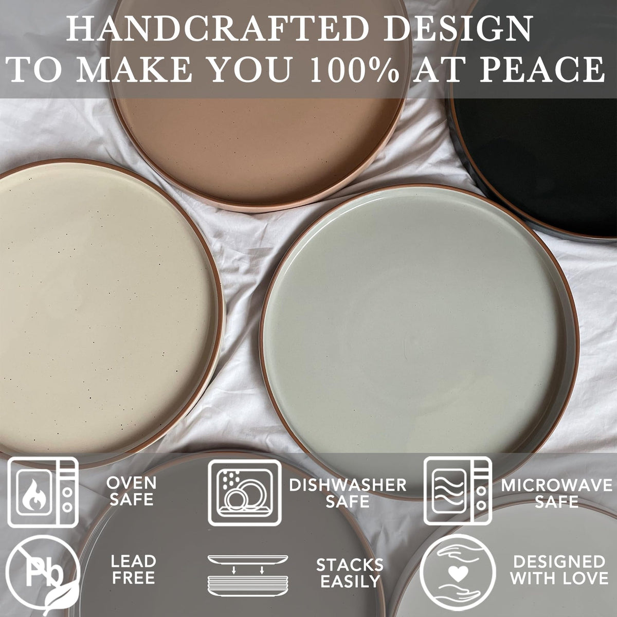 Powoo Ceramic Flat Plates – Set of 6, 8 Inch, Neutral Colors