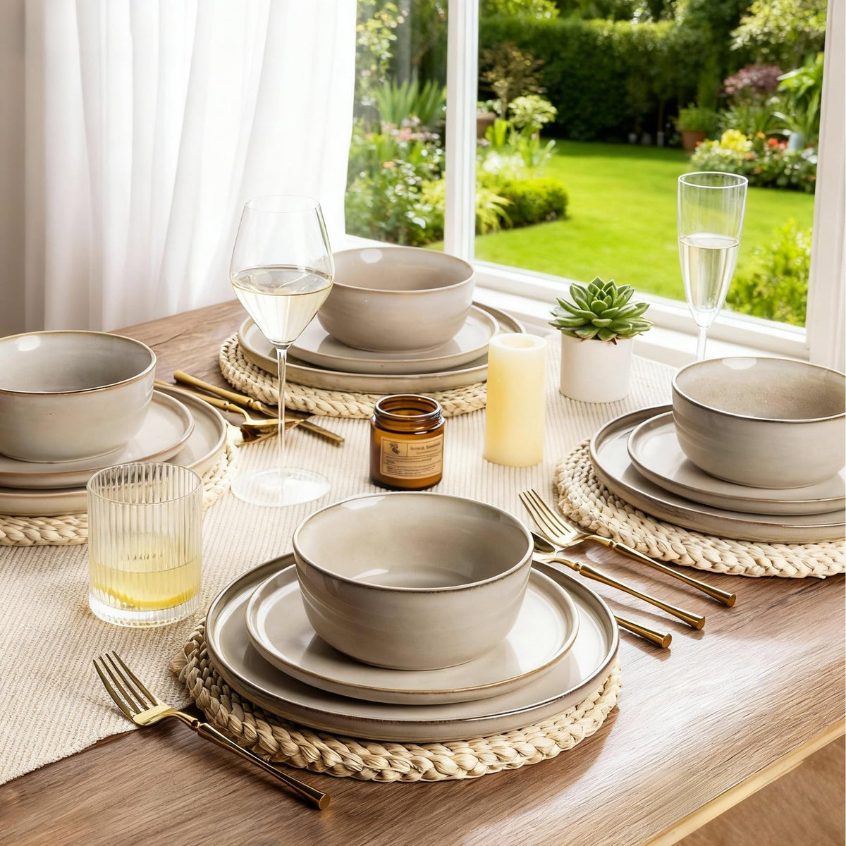 Powoo Stoneware Dinnerware Set – Reactive Glaze, Service for 8