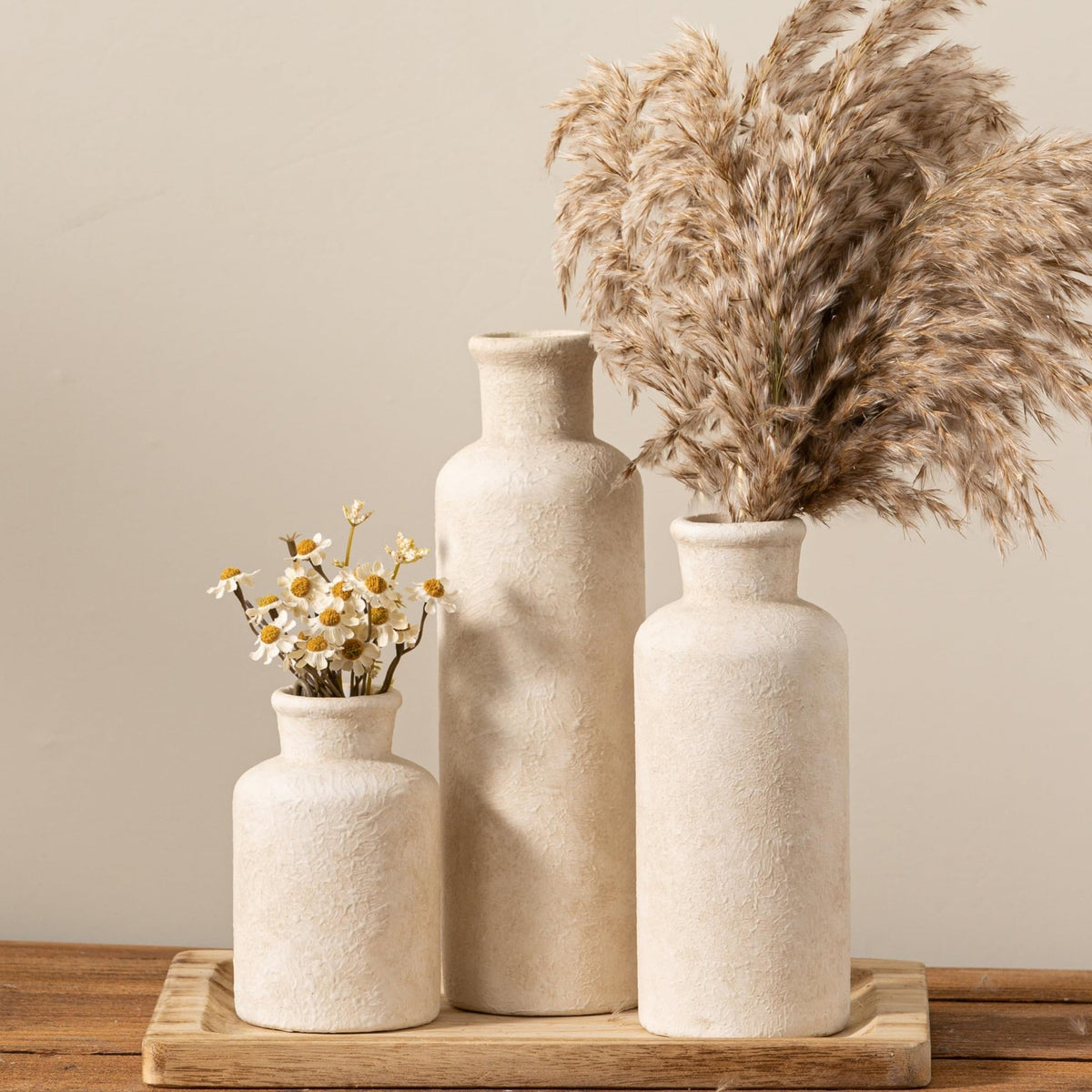 Powoo Ceramic Vases Set of 3 – Whitewashed Neutral, Farmhouse Decor
