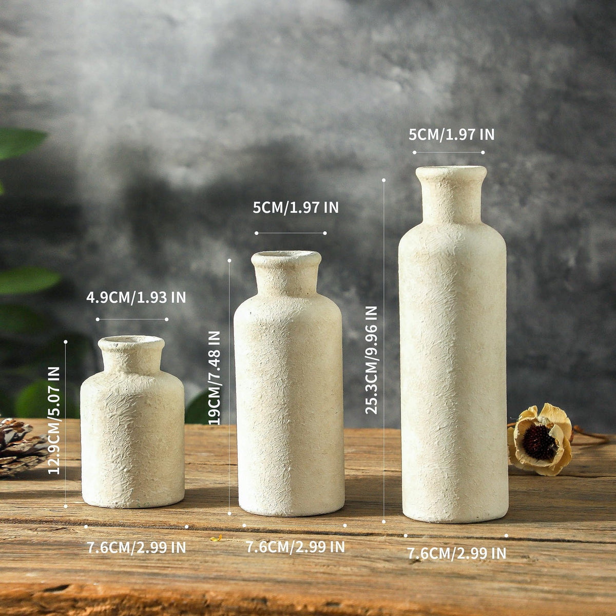 Powoo Ceramic Vases Set of 3 – Whitewashed Neutral, Farmhouse Decor