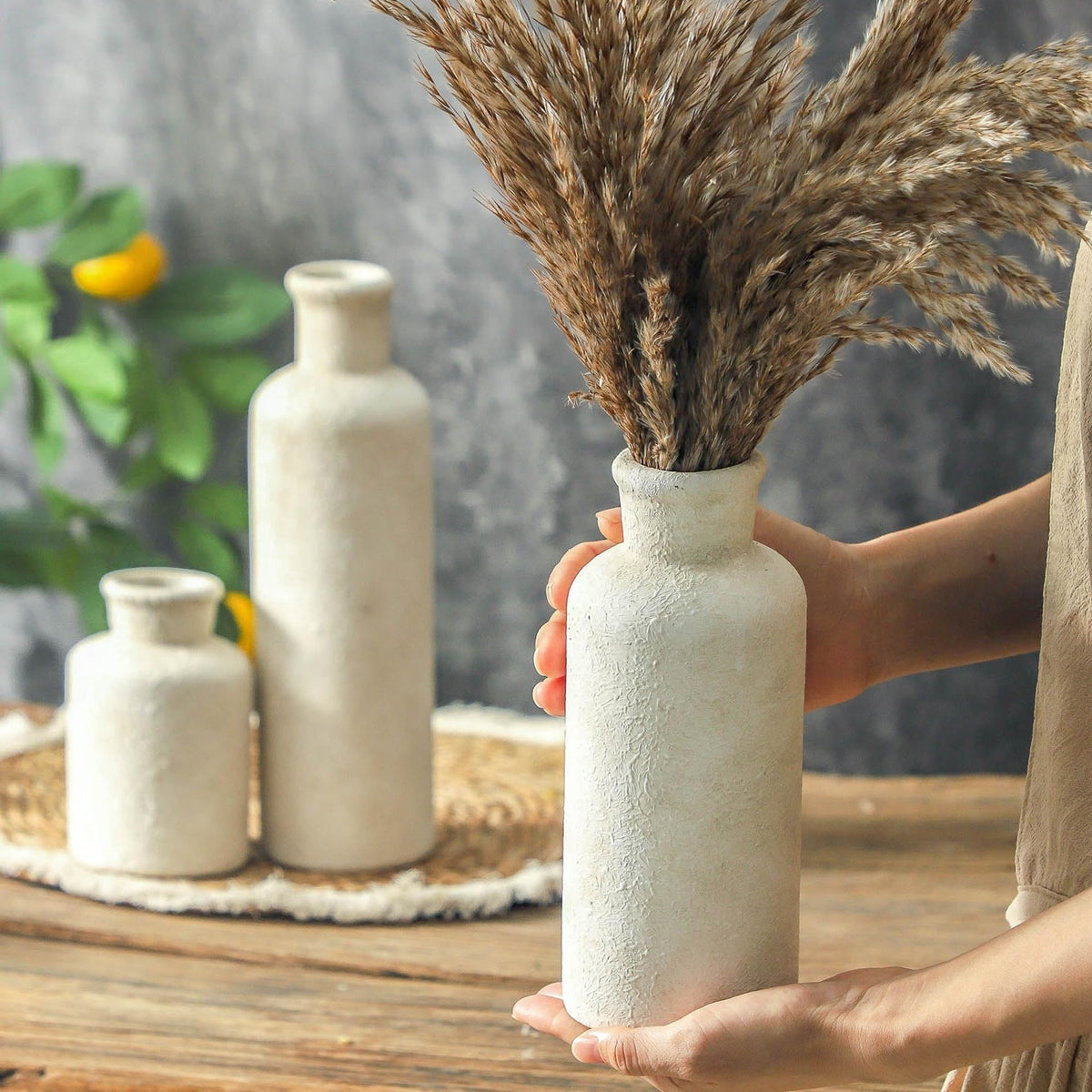 Okate Ceramic Vases Set of 3 – Whitewashed Neutral, Farmhouse Decor