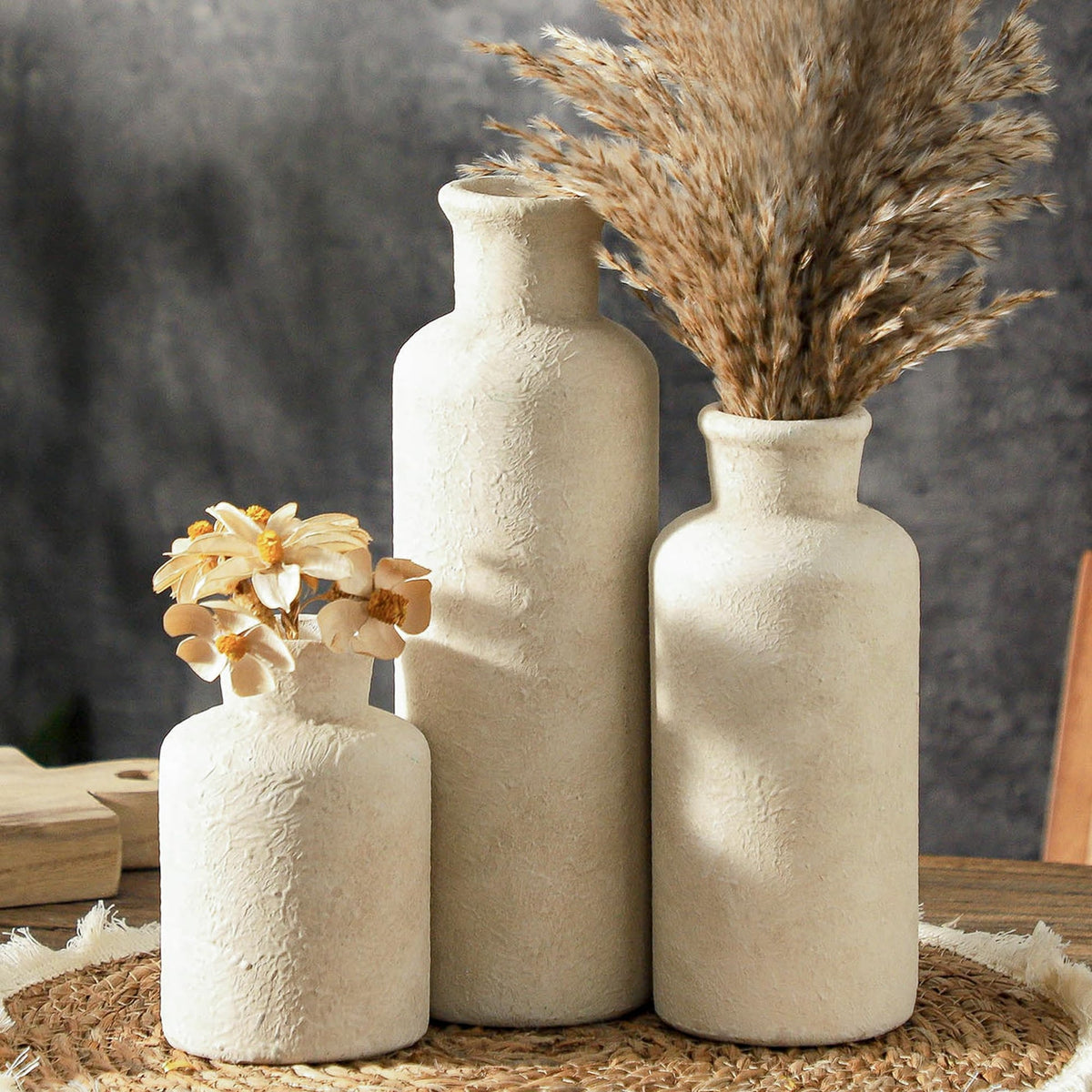 Powoo Ceramic Vases Set of 3 – Whitewashed Neutral, Farmhouse Decor