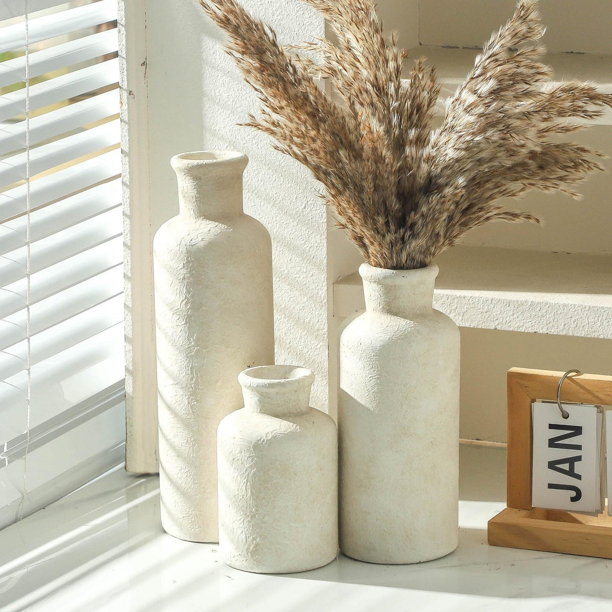 Powoo Ceramic Vases Set of 3 – Whitewashed Neutral, Farmhouse Decor