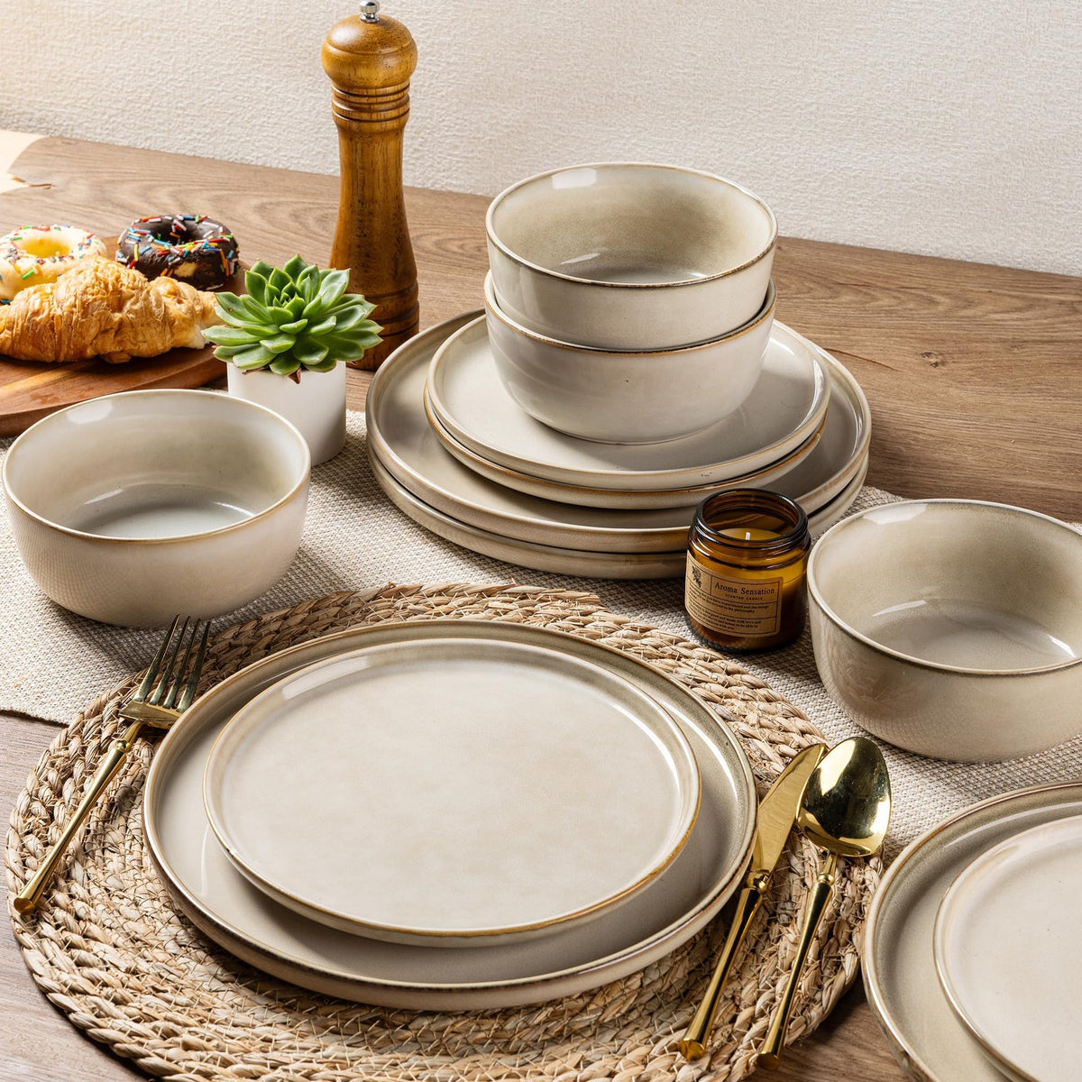 Powoo Stoneware Dinnerware Set – Reactive Glaze, Service for 8