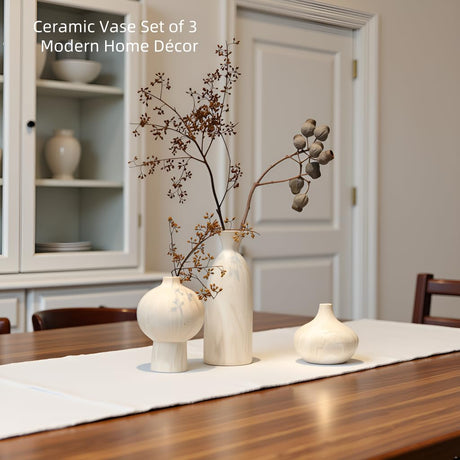 Okate Ceramic Vase Set of 3 – White & Beige, Stone-Look Texture