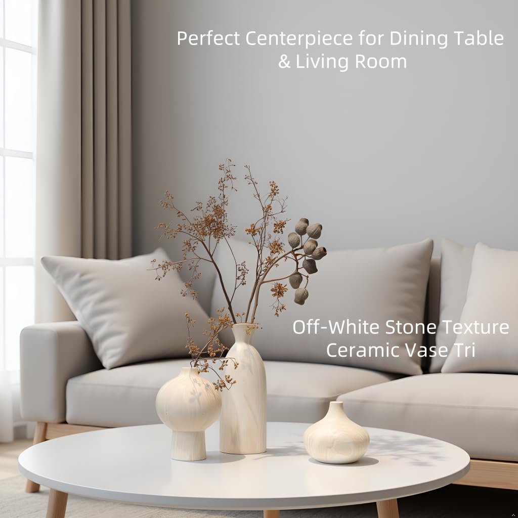 Okate Ceramic Vase Set of 3 – White & Beige, Stone-Look Texture