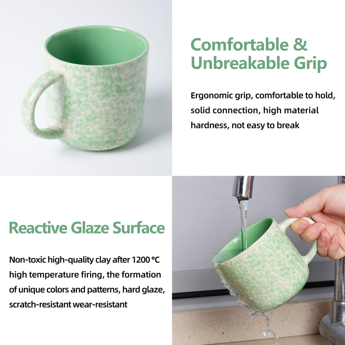 Okate 12oz Ceramic Coffee Mugs – Set of 4, Green