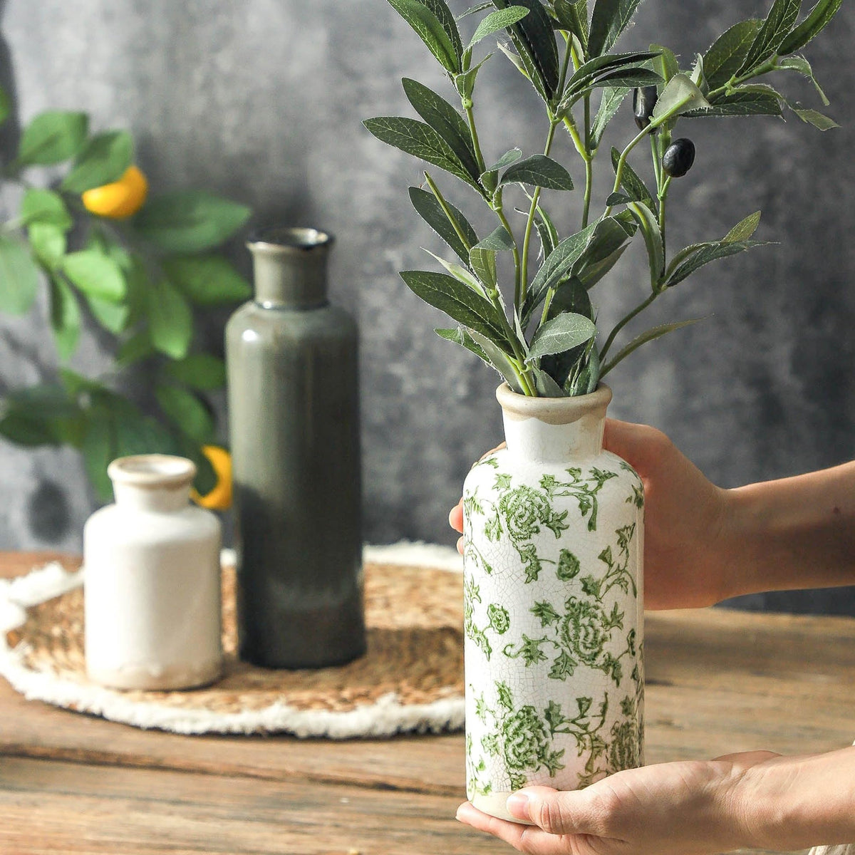 Okate Vintage Ceramic Flower Vase Set of 3 – Chinoiserie, Green & Beige
